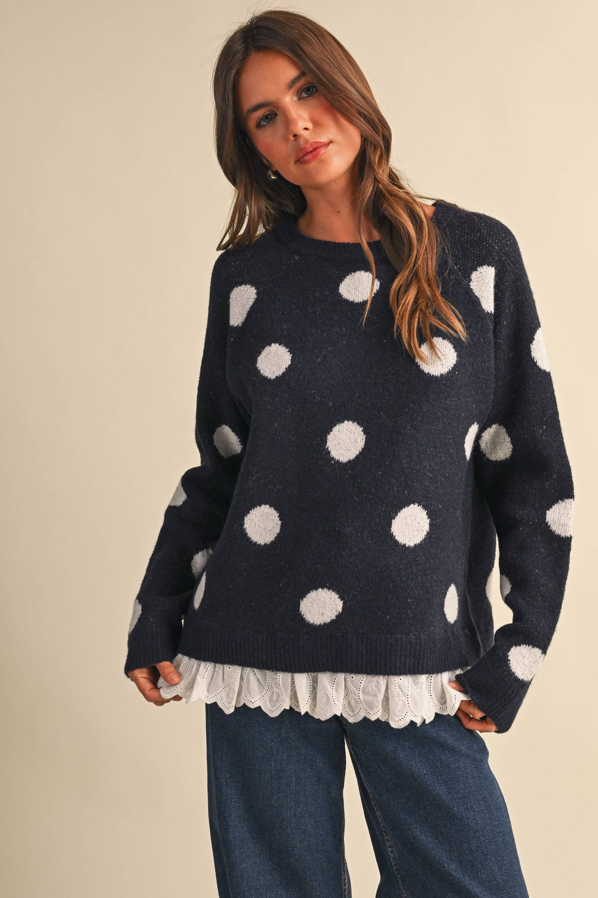 CREW NECK EYELET LACE HEM POLKA DOT PRINT PULLOVER