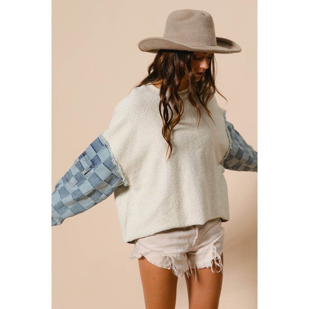 LOOP TERRY WITH WASHED CHECKER DENIM PULLOVER