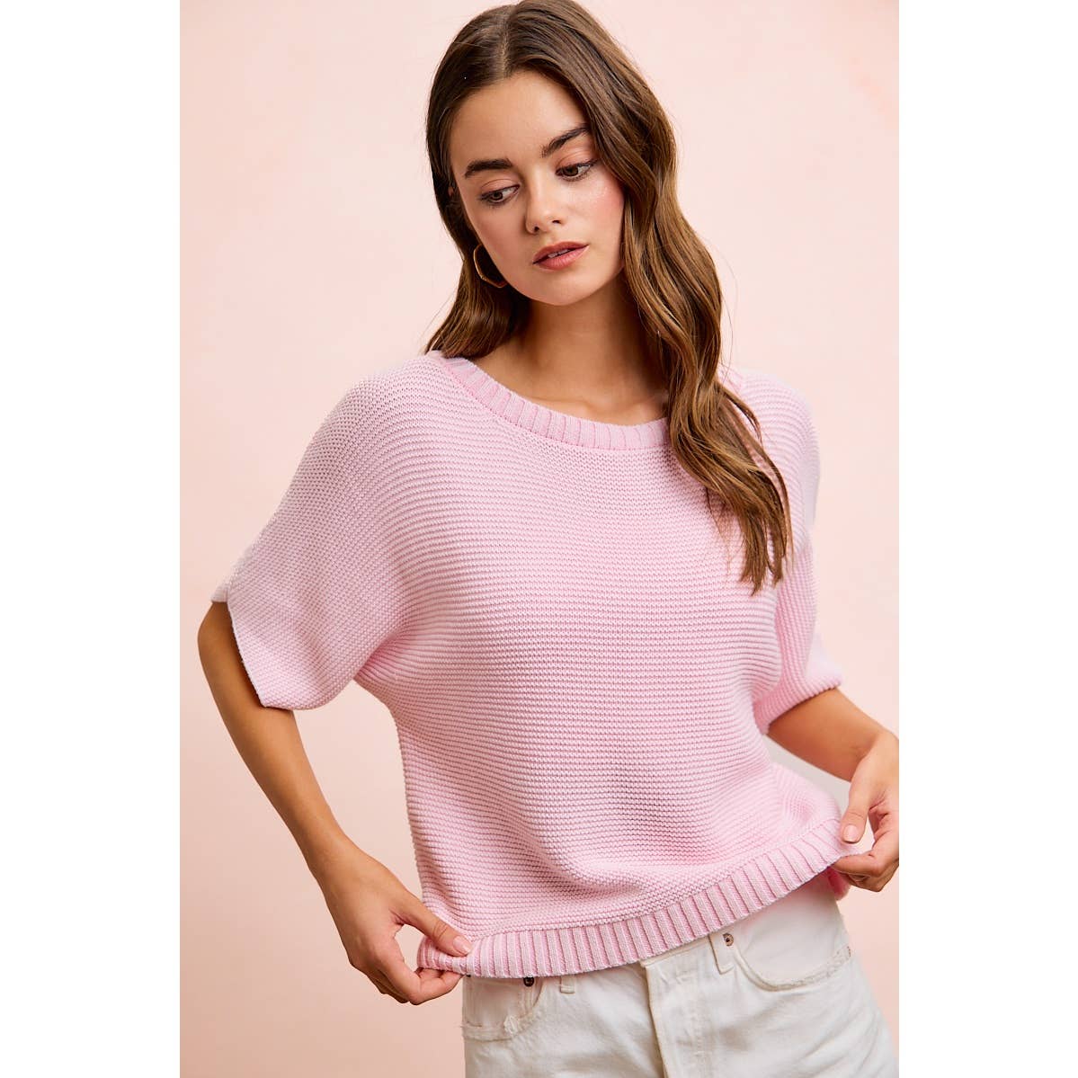 SHORT DOLMAN SLEEVES WASHED KNIT TOP: WASHED ROSE