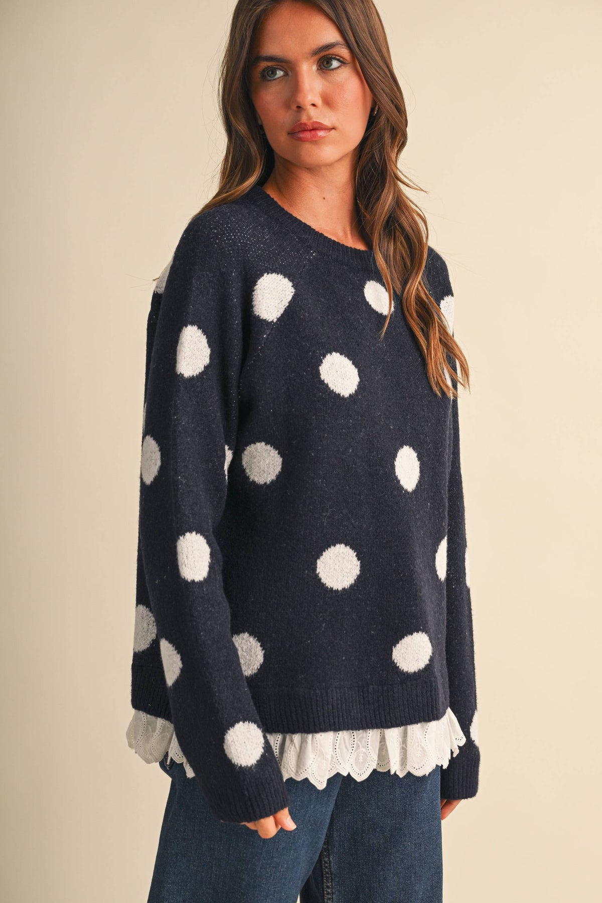 CREW NECK EYELET LACE HEM POLKA DOT PRINT PULLOVER