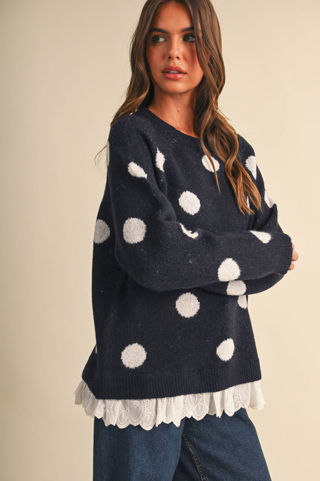 CREW NECK EYELET LACE HEM POLKA DOT PRINT PULLOVER