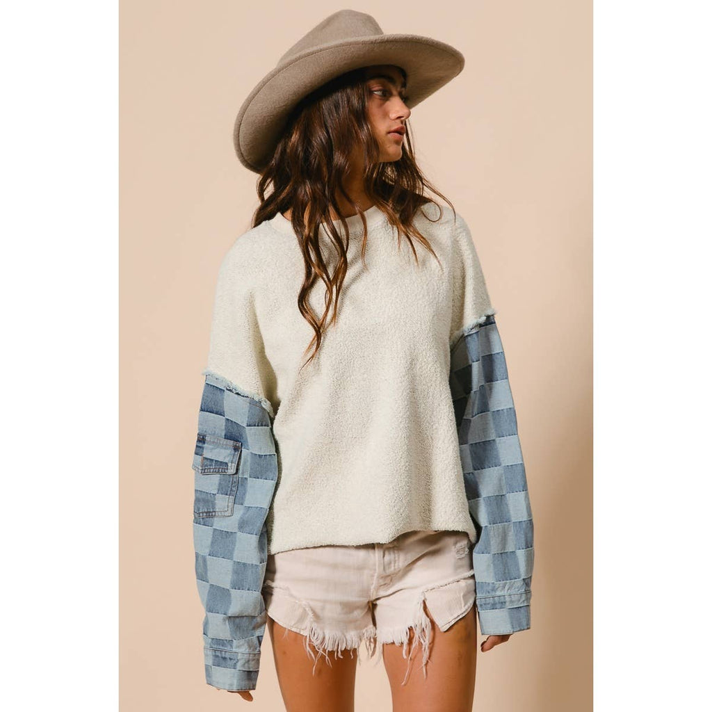 LOOP TERRY WITH WASHED CHECKER DENIM PULLOVER