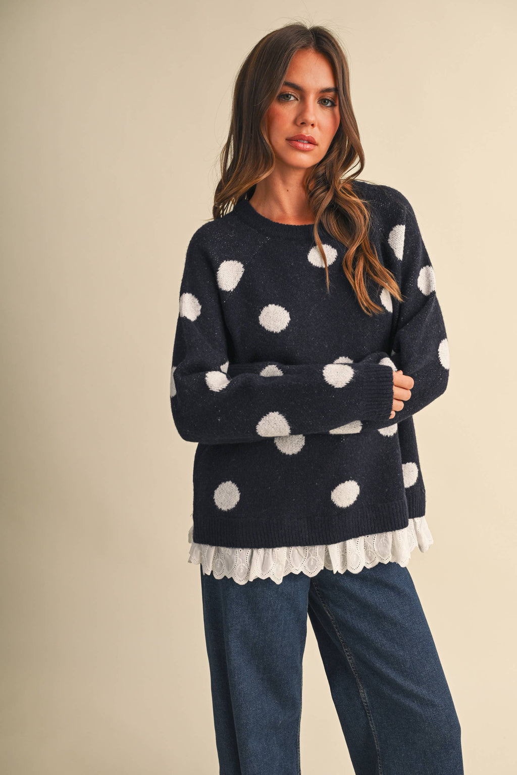 CREW NECK EYELET LACE HEM POLKA DOT PRINT PULLOVER