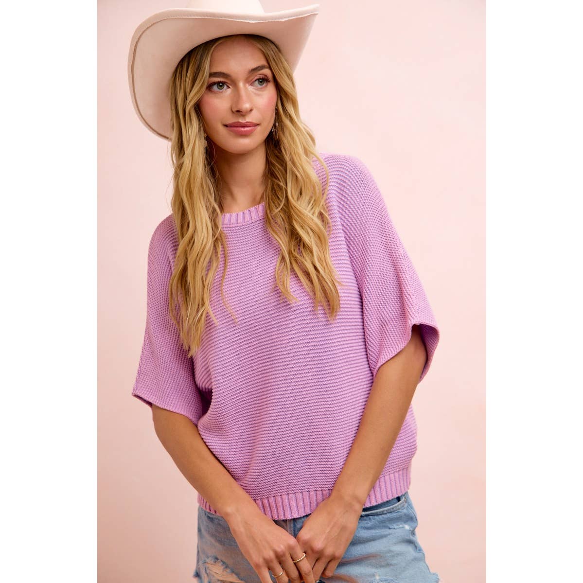 SHORT DOLMAN SLEEVES WASHED KNIT TOP/ Lavender