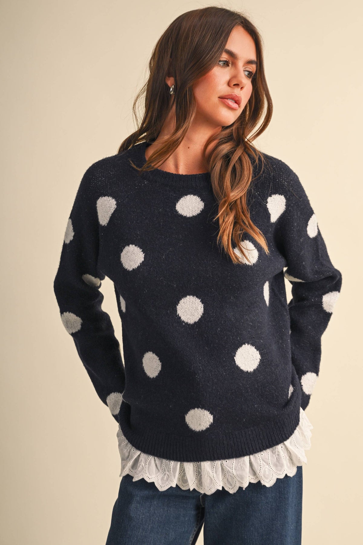 CREW NECK EYELET LACE HEM POLKA DOT PRINT PULLOVER
