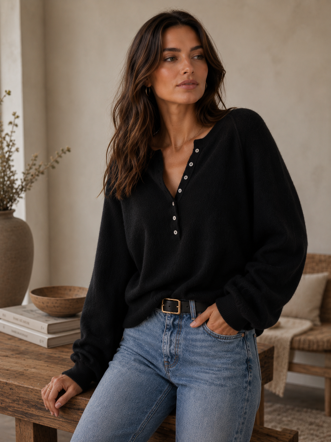 Luxe Knit Henley Pullover Sweater: Black