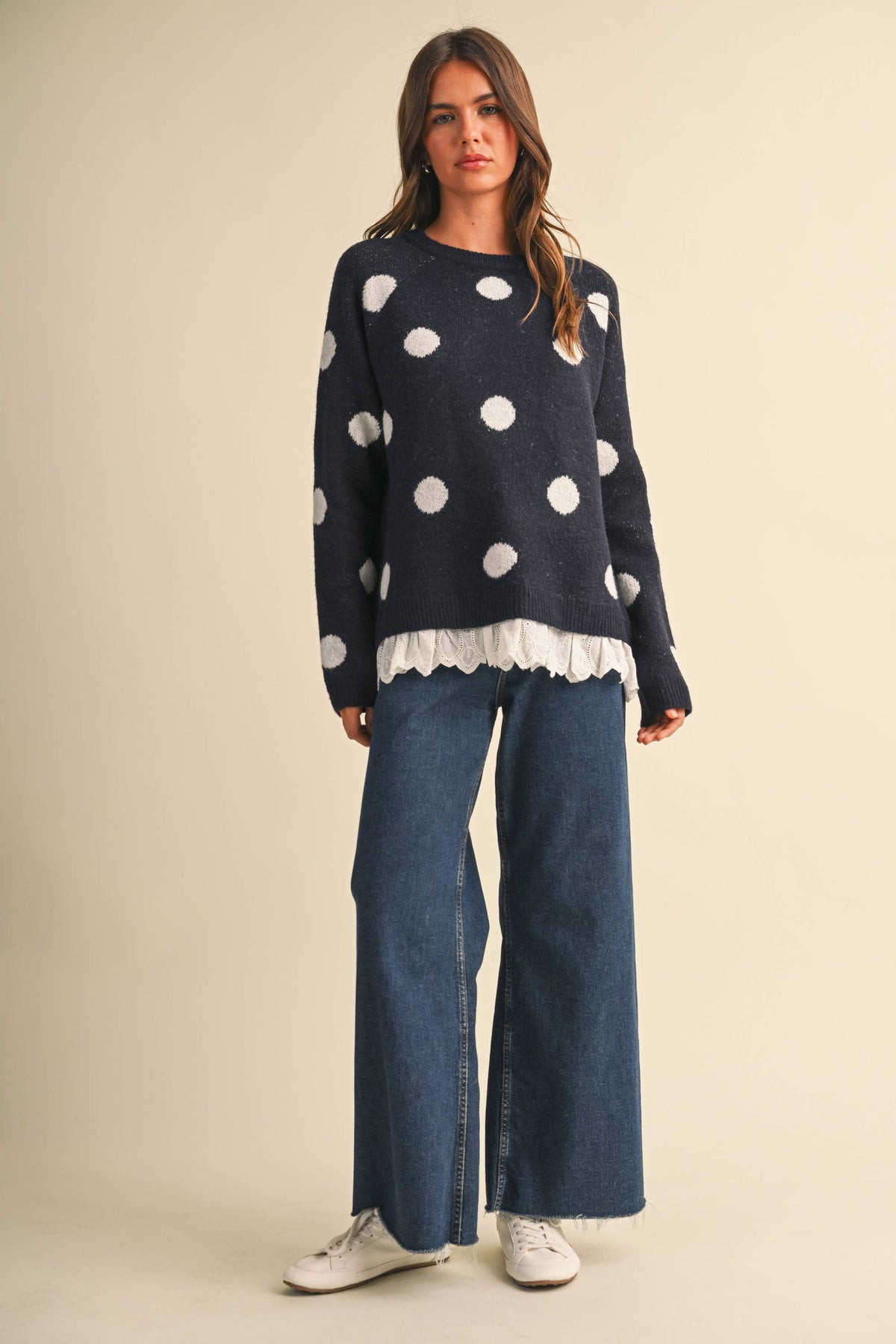 CREW NECK EYELET LACE HEM POLKA DOT PRINT PULLOVER