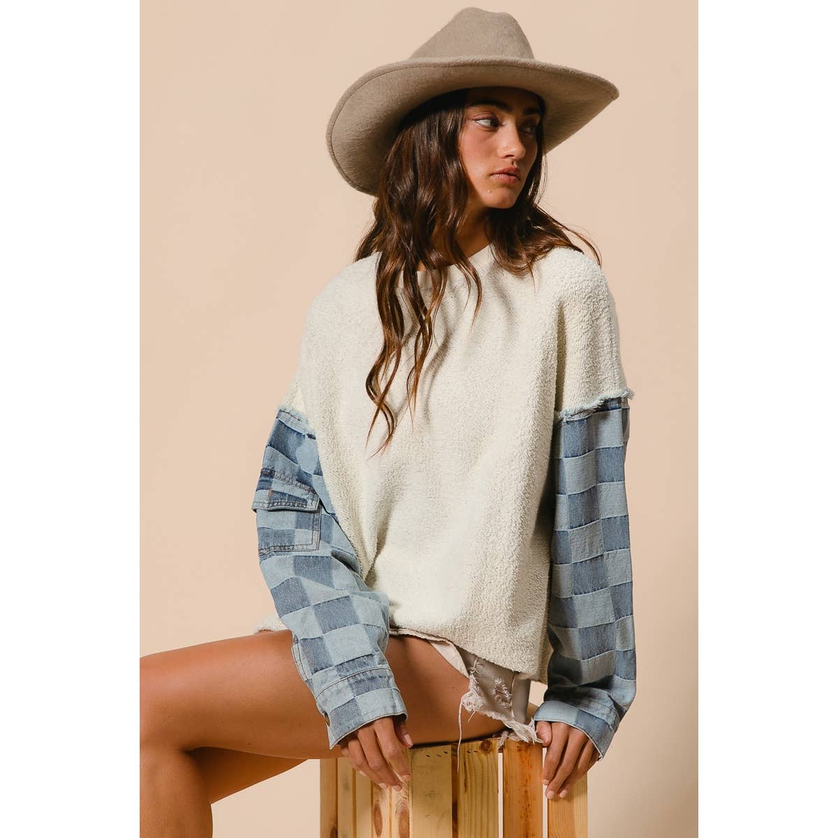 LOOP TERRY WITH WASHED CHECKER DENIM PULLOVER