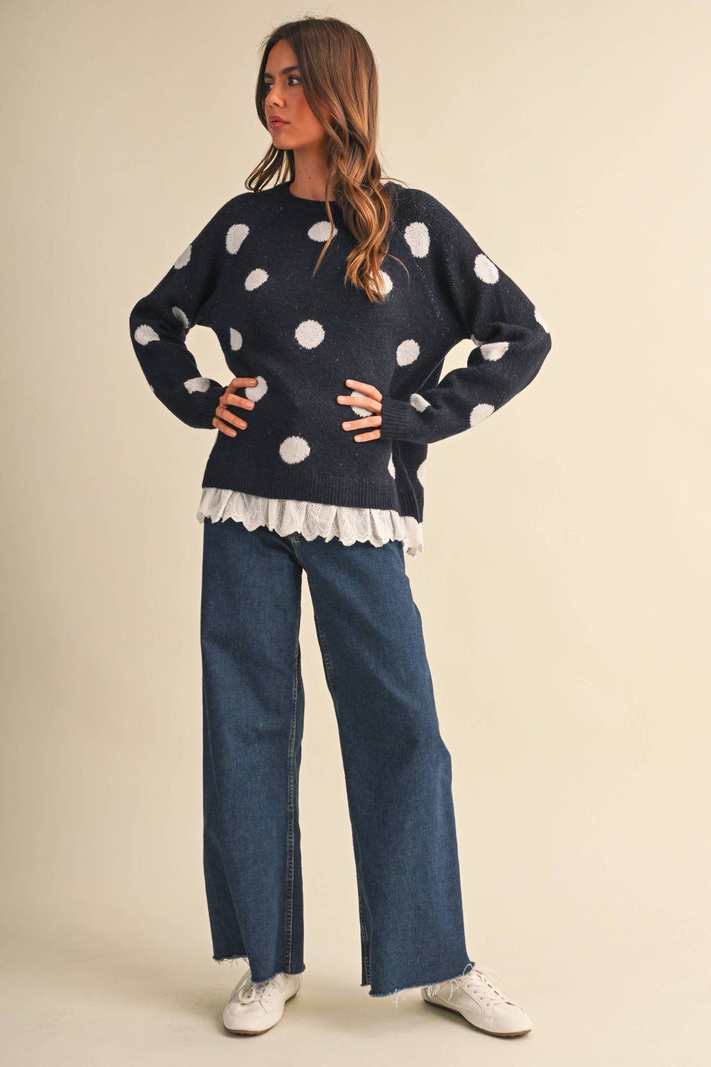 CREW NECK EYELET LACE HEM POLKA DOT PRINT PULLOVER