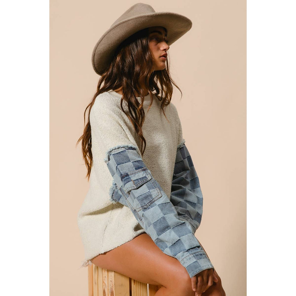 LOOP TERRY WITH WASHED CHECKER DENIM PULLOVER