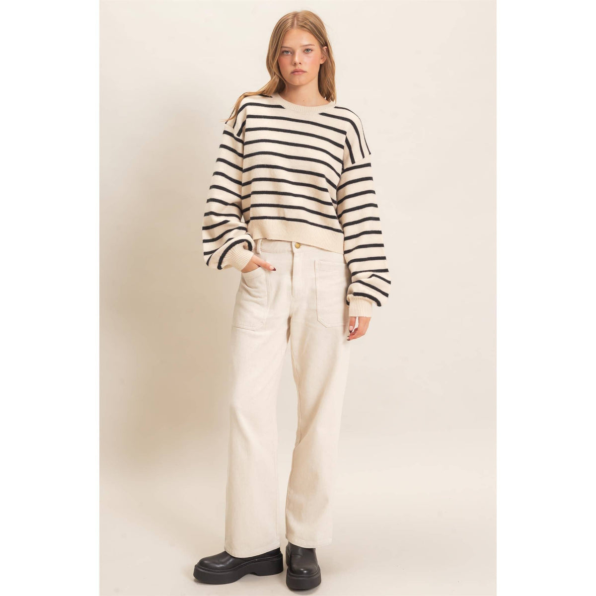 Striped Ribbed Crew Neck Sweater