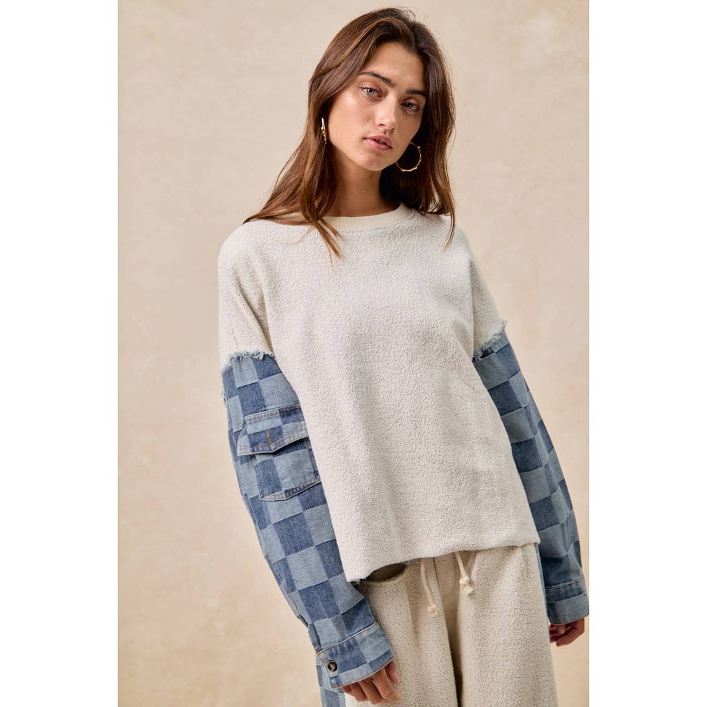 LOOP TERRY WITH WASHED CHECKER DENIM PULLOVER