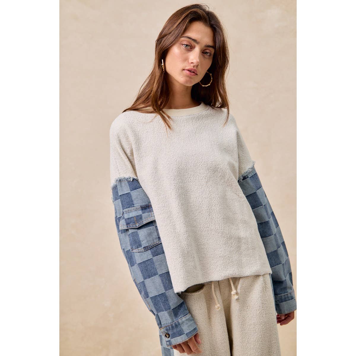 LOOP TERRY WITH WASHED CHECKER DENIM PULLOVER