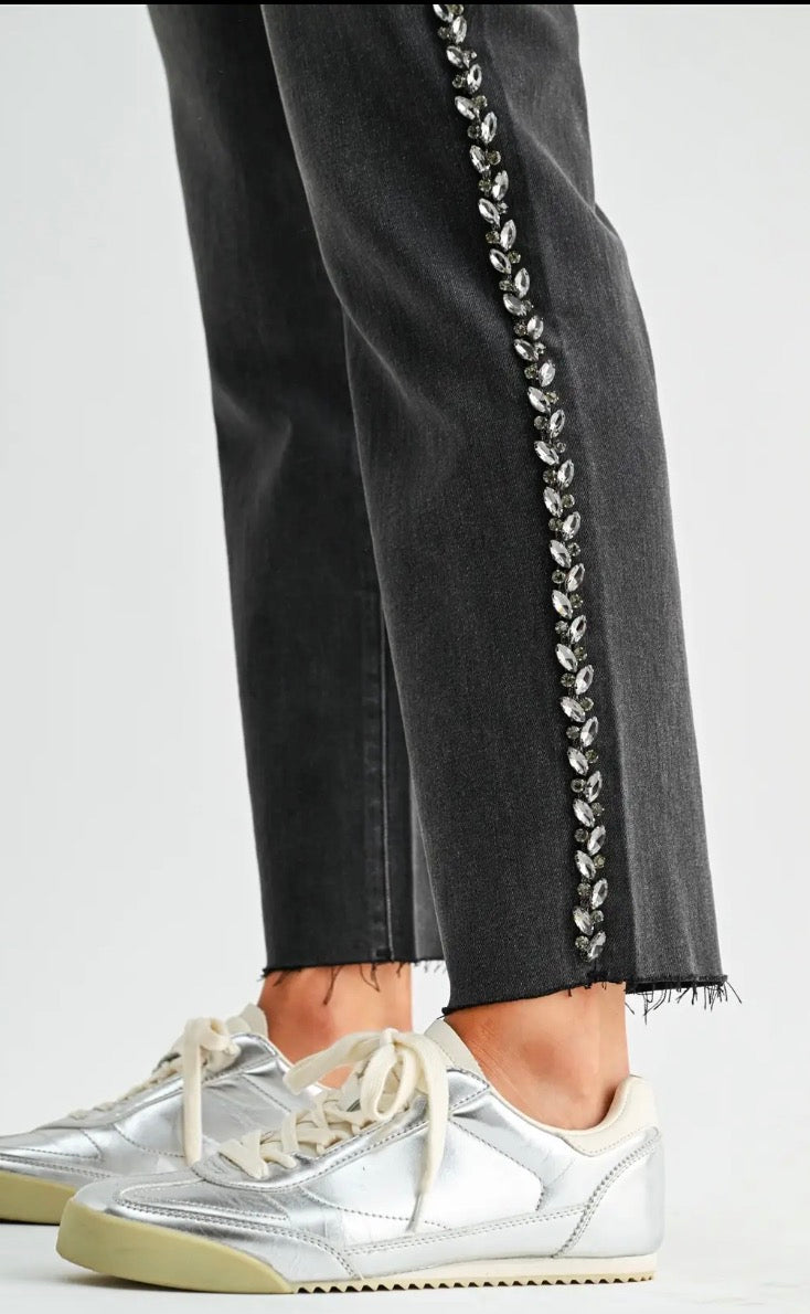 High Rise Straight Ankle Embellished Side Panel
