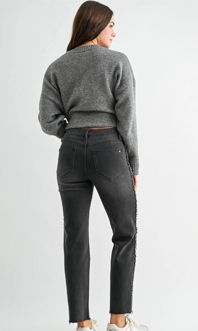 High Rise Straight Ankle Embellished Side Panel