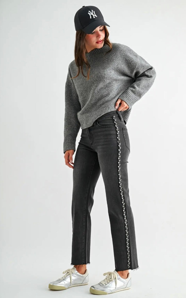 High Rise Straight Ankle Embellished Side Panel