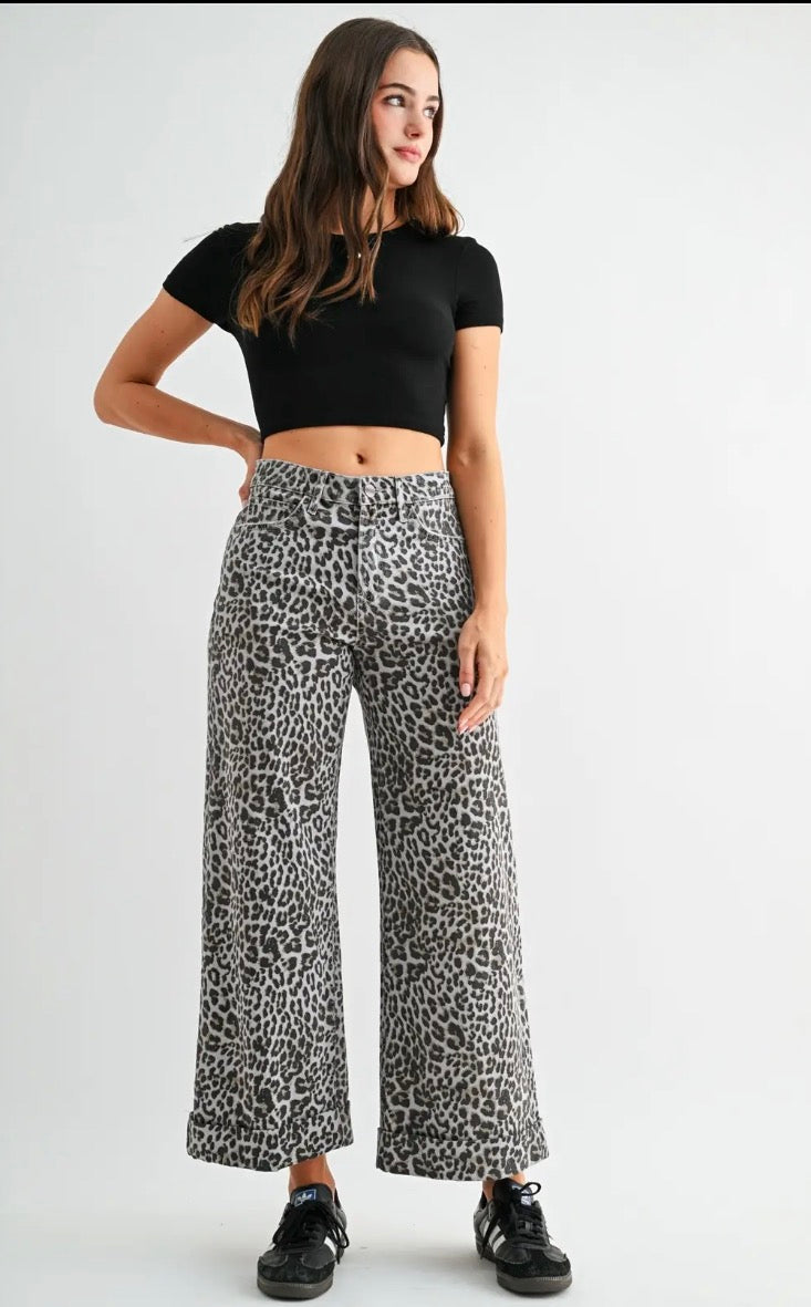 WIDE LEG CROPPED CUFF LEOPARD