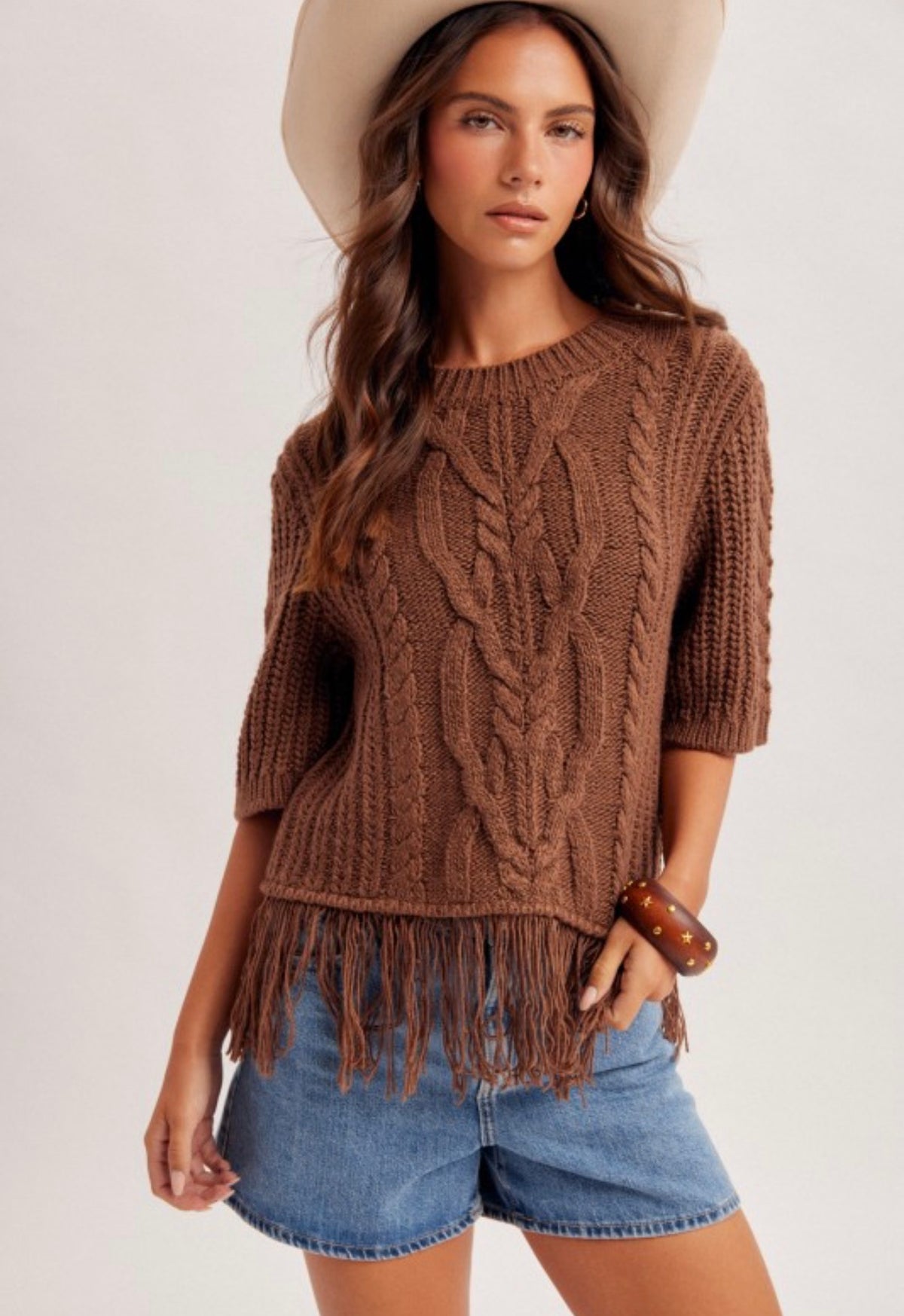 FRINGE CABLE KNIT SWEATER