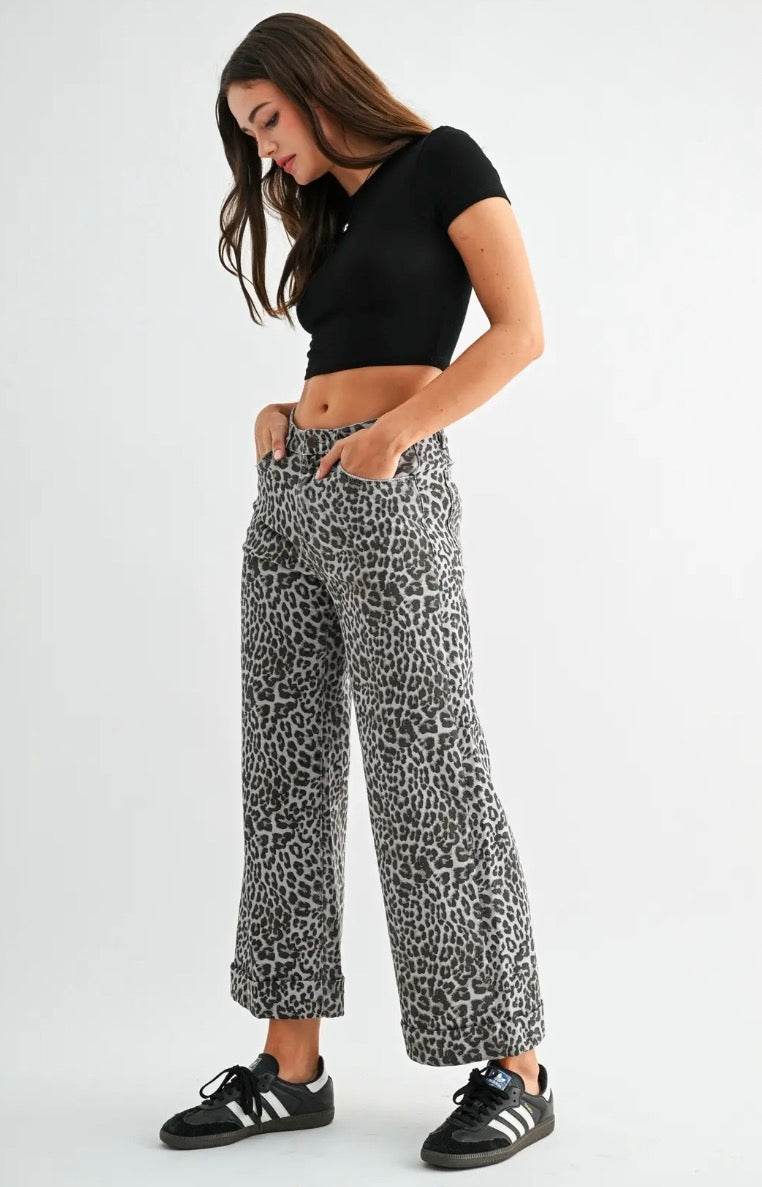 WIDE LEG CROPPED CUFF LEOPARD