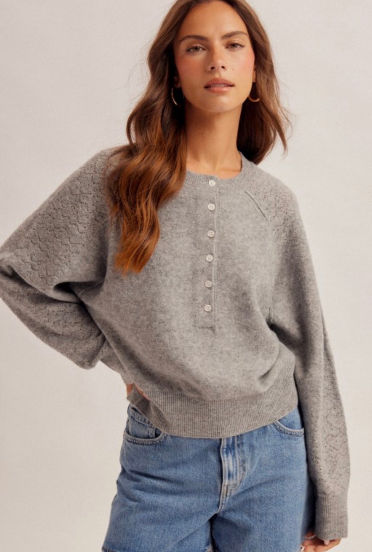 LACE TEXTURE SLEEVE HENLEY SWEATER