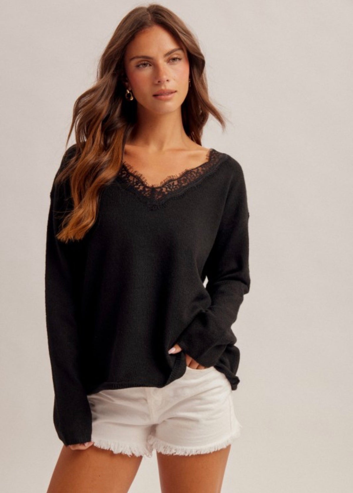 LACE TRIM V NECK SWEATER