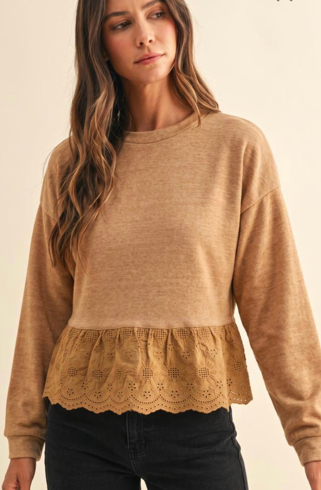 FLEECE EYELET LACE PEPLUM TOP