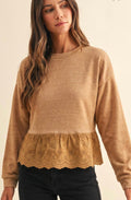 FLEECE EYELET LACE PEPLUM TOP