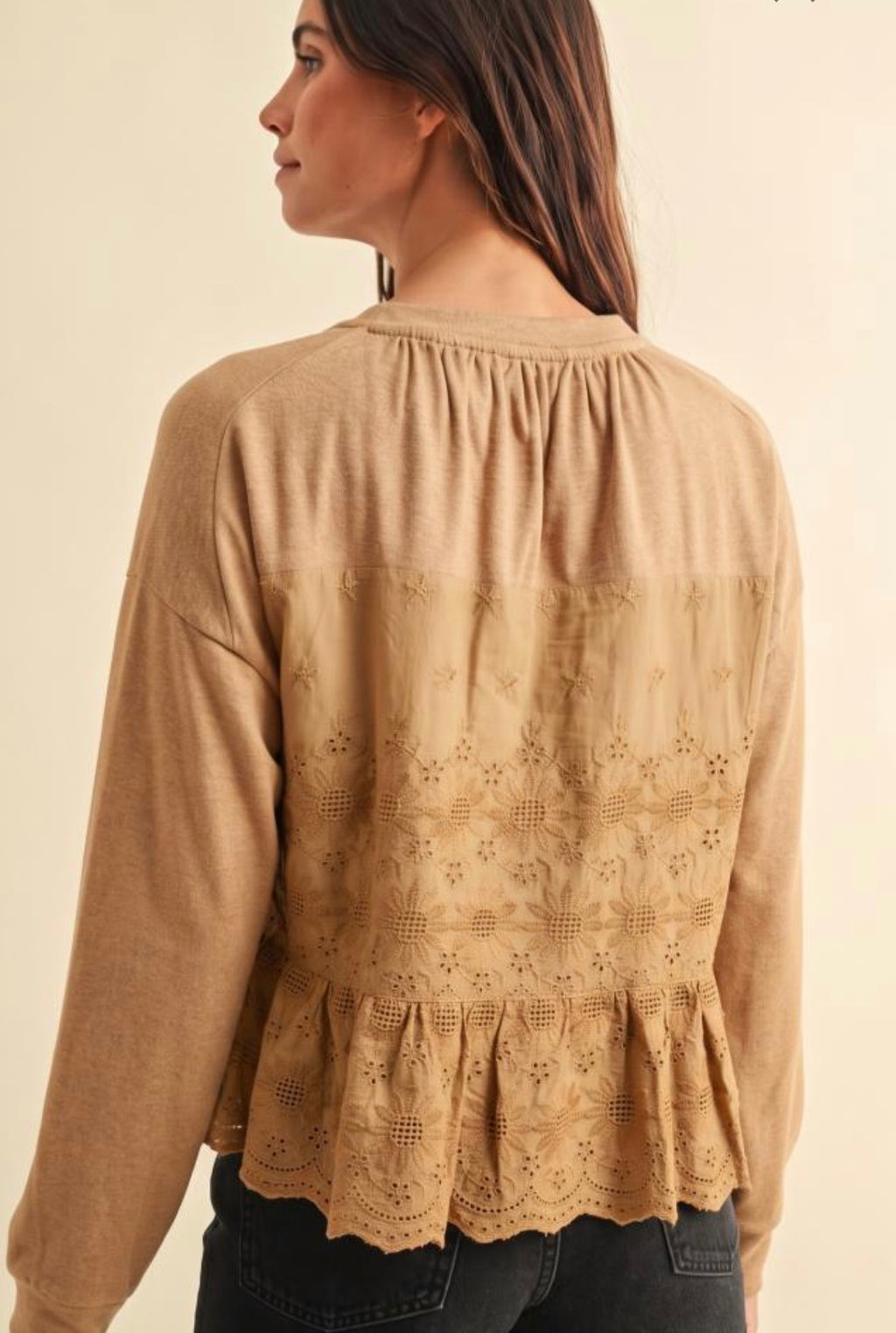 FLEECE EYELET LACE PEPLUM TOP