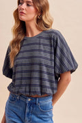 STRIPED KNIT BUBBLE HEM TOP