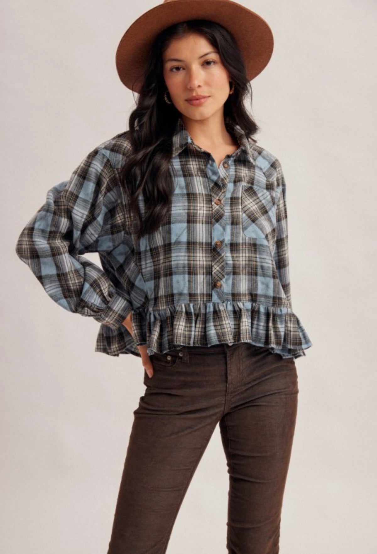 PLAID RUFFLE TOP
