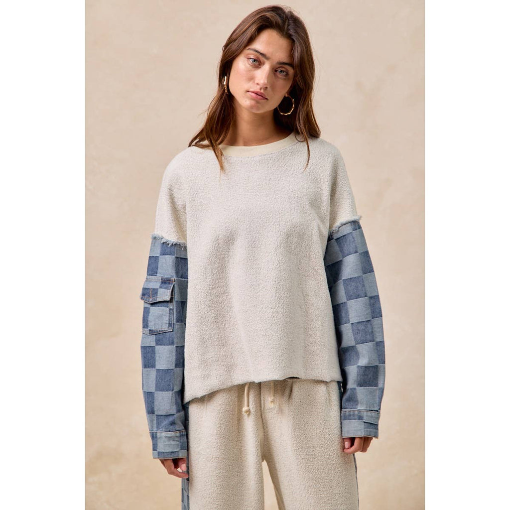 LOOP TERRY WITH WASHED CHECKER DENIM PULLOVER