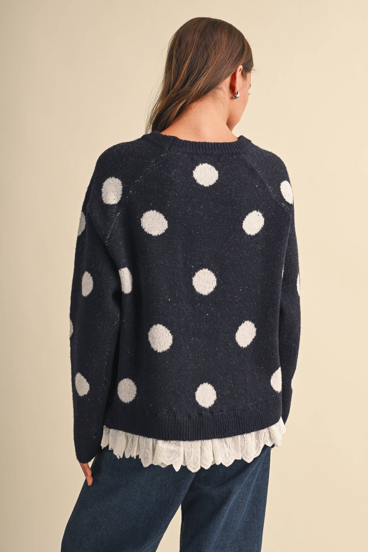 CREW NECK EYELET LACE HEM POLKA DOT PRINT PULLOVER
