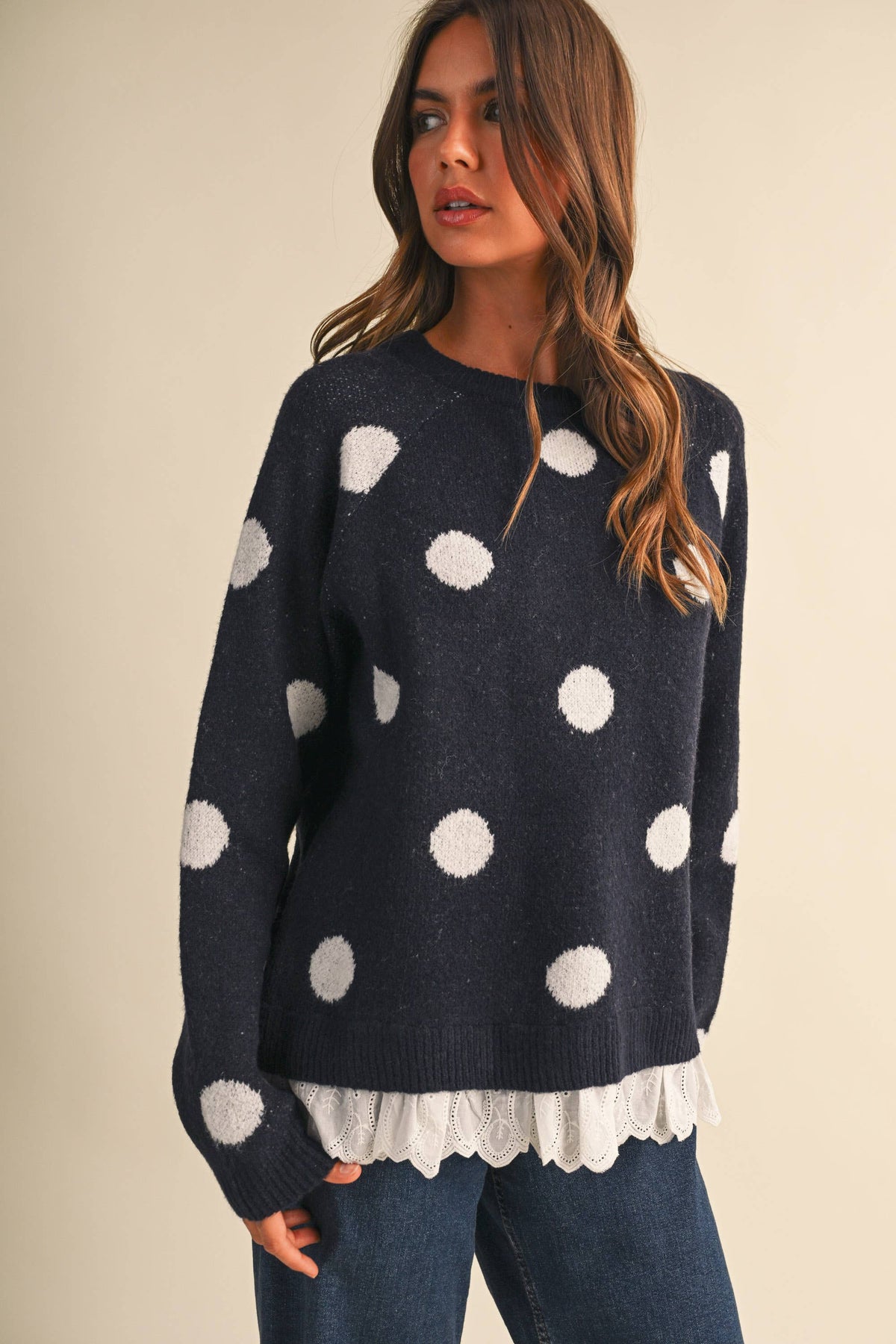 CREW NECK EYELET LACE HEM POLKA DOT PRINT PULLOVER