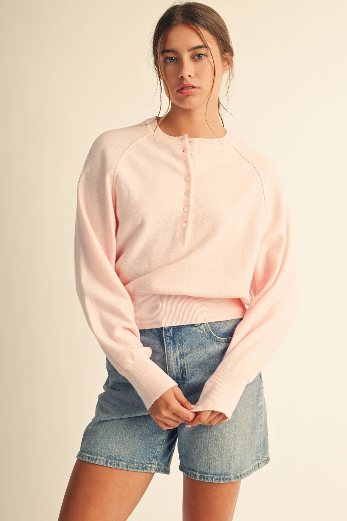 Luxe Knit Henley Pullover Sweater: Pink