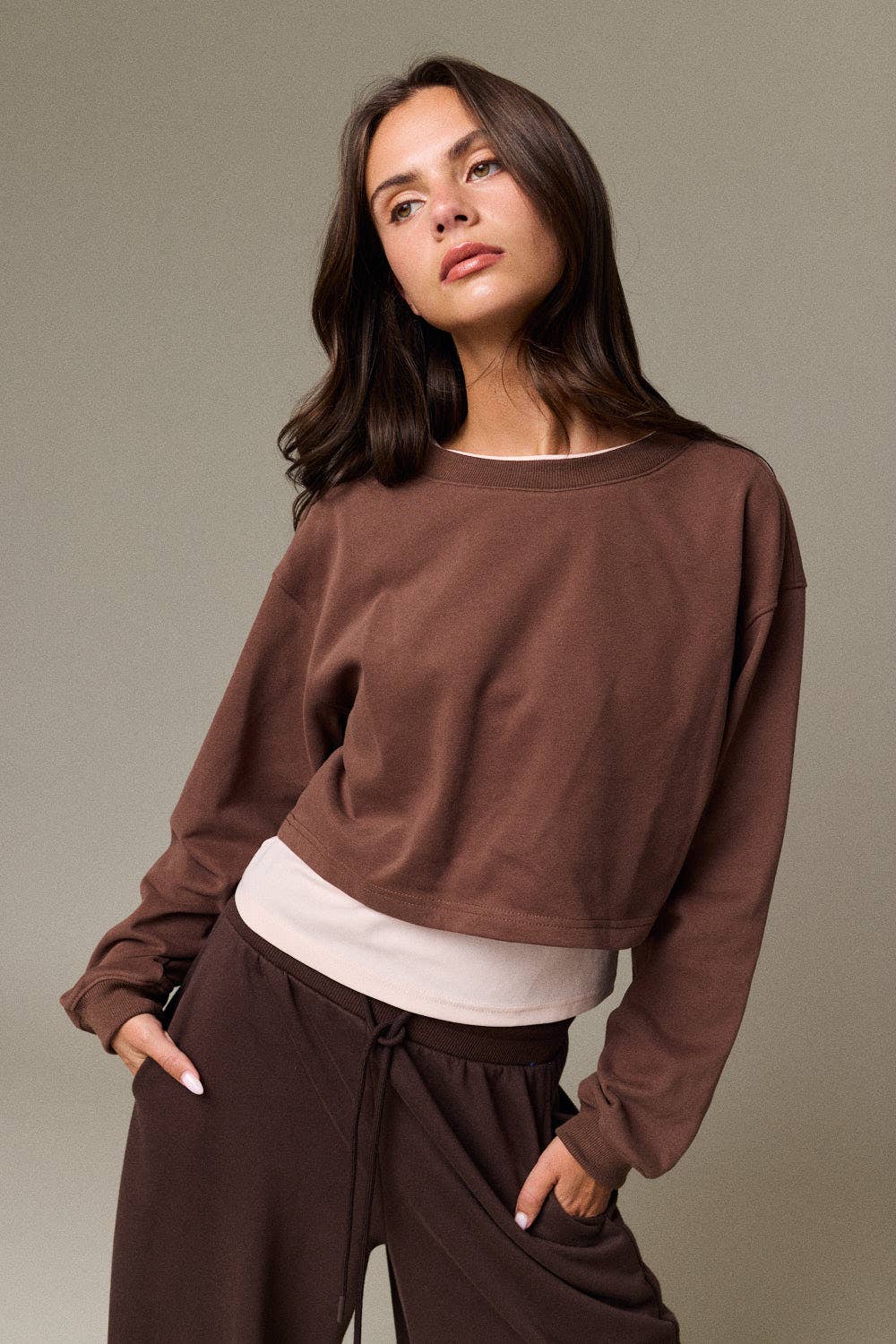 Crewneck Long Sleeve Layered Crop Sweatshirt