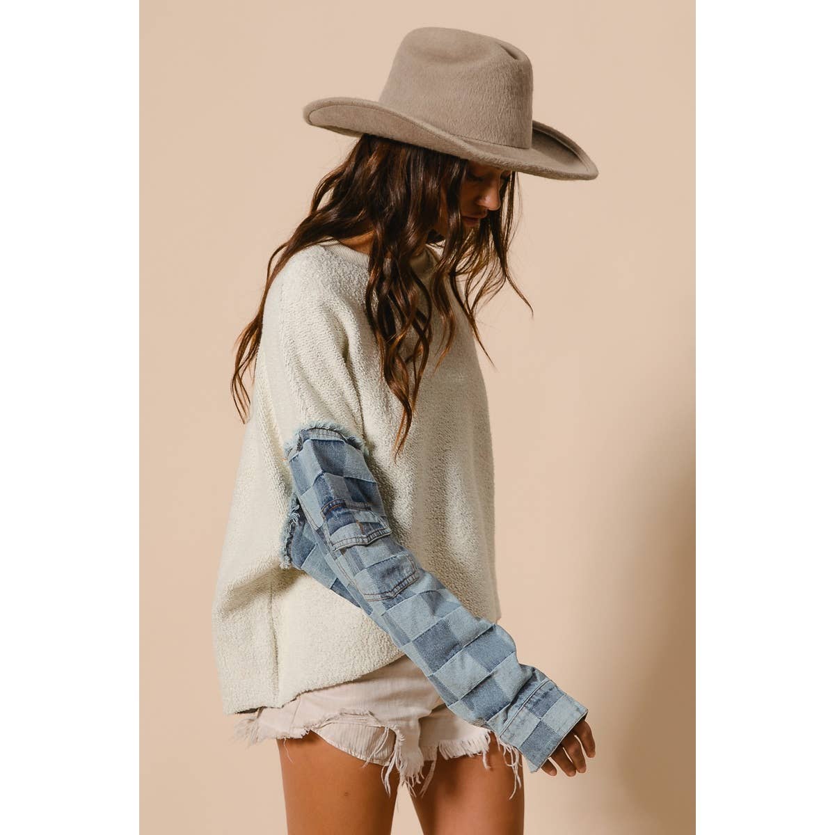 LOOP TERRY WITH WASHED CHECKER DENIM PULLOVER