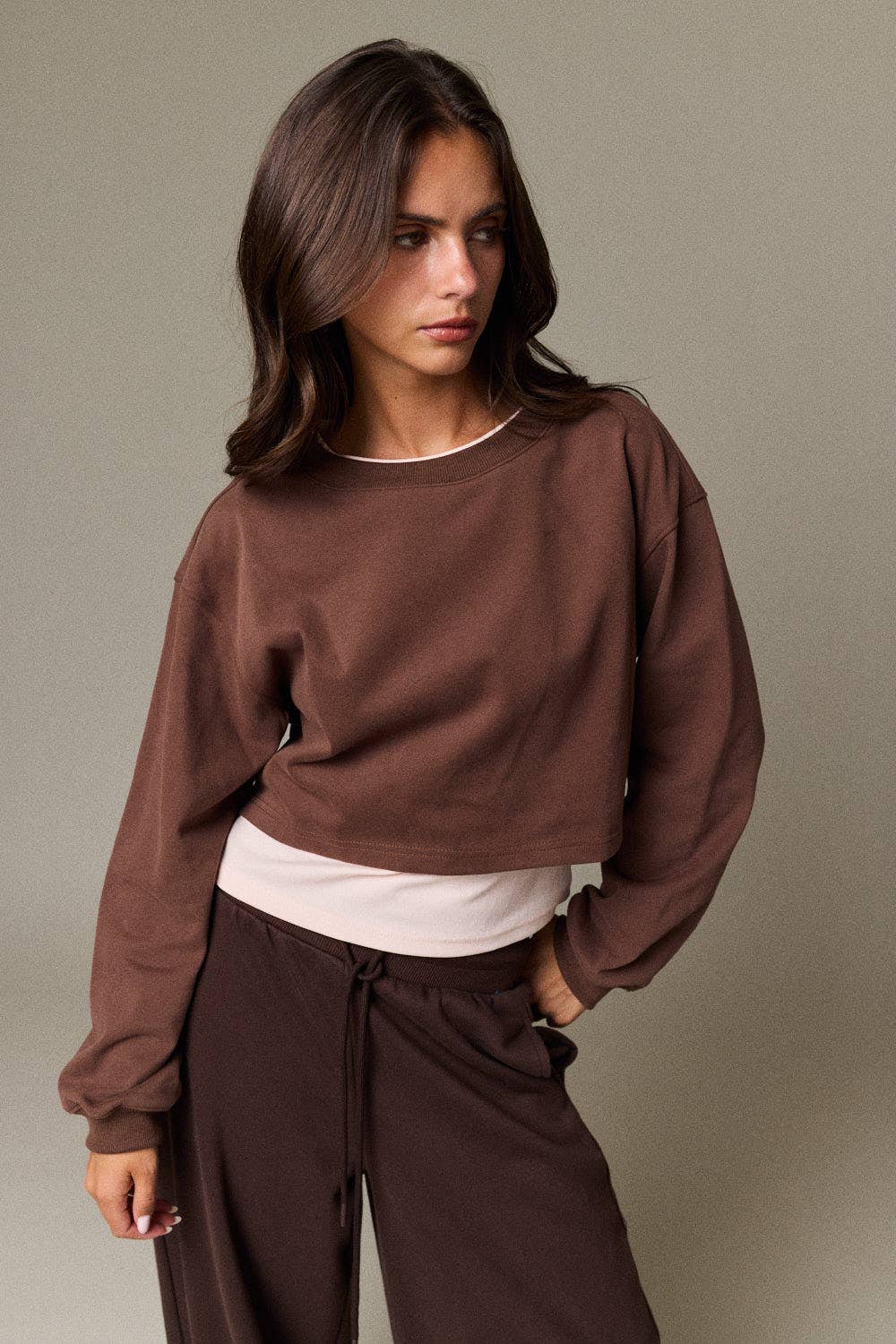 Crewneck Long Sleeve Layered Crop Sweatshirt
