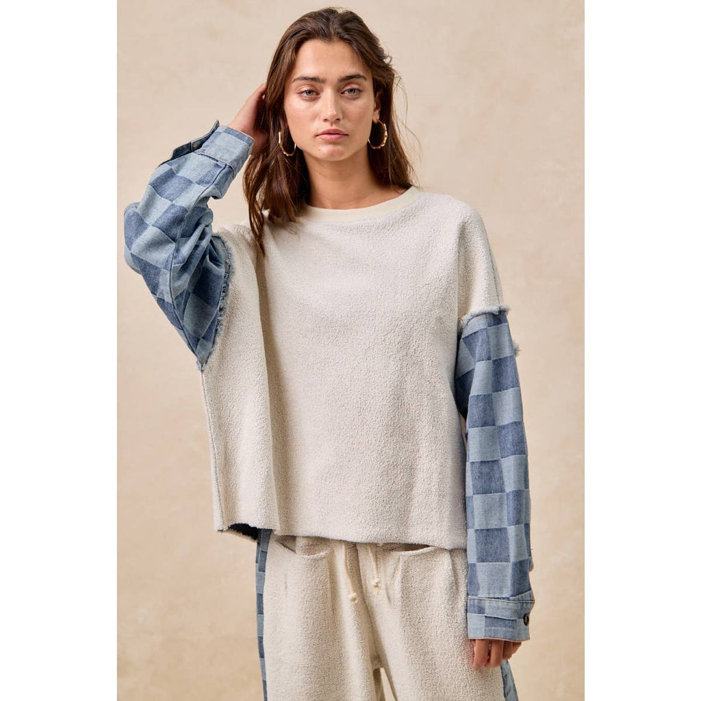 LOOP TERRY WITH WASHED CHECKER DENIM PULLOVER