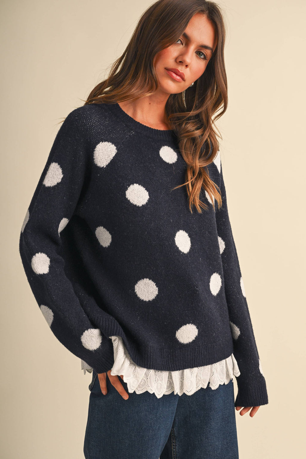 CREW NECK EYELET LACE HEM POLKA DOT PRINT PULLOVER