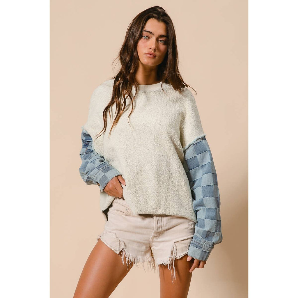 LOOP TERRY WITH WASHED CHECKER DENIM PULLOVER