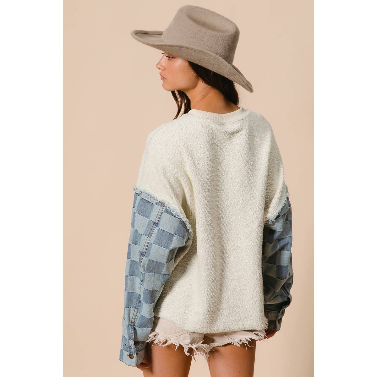 LOOP TERRY WITH WASHED CHECKER DENIM PULLOVER